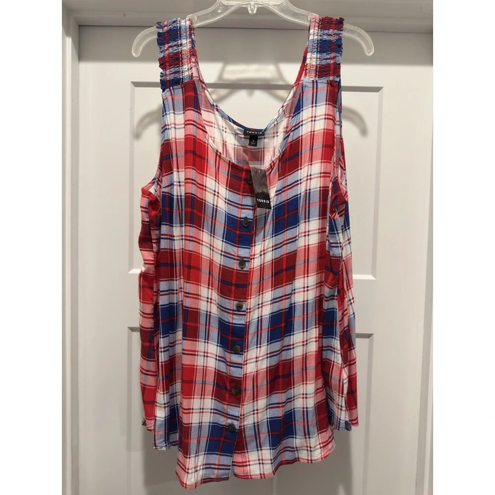 Torrid 3X Slub Button Front Tank Plaid Rayon Red White Blue ( 22-24) Top - Picture 1 of 6